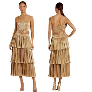 NWT Mac Duggal 27062 Tea-Length Metallic PlissƩ Midi Dress Party Gold Size 6